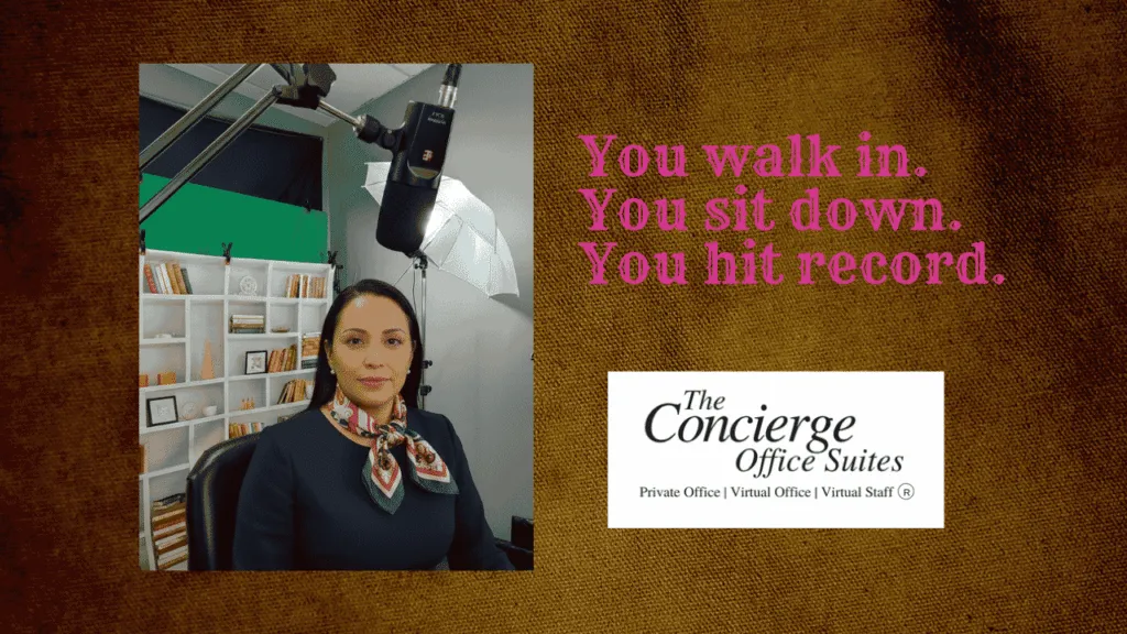 Woman ready to record in The Concierge Office Suites <a href=