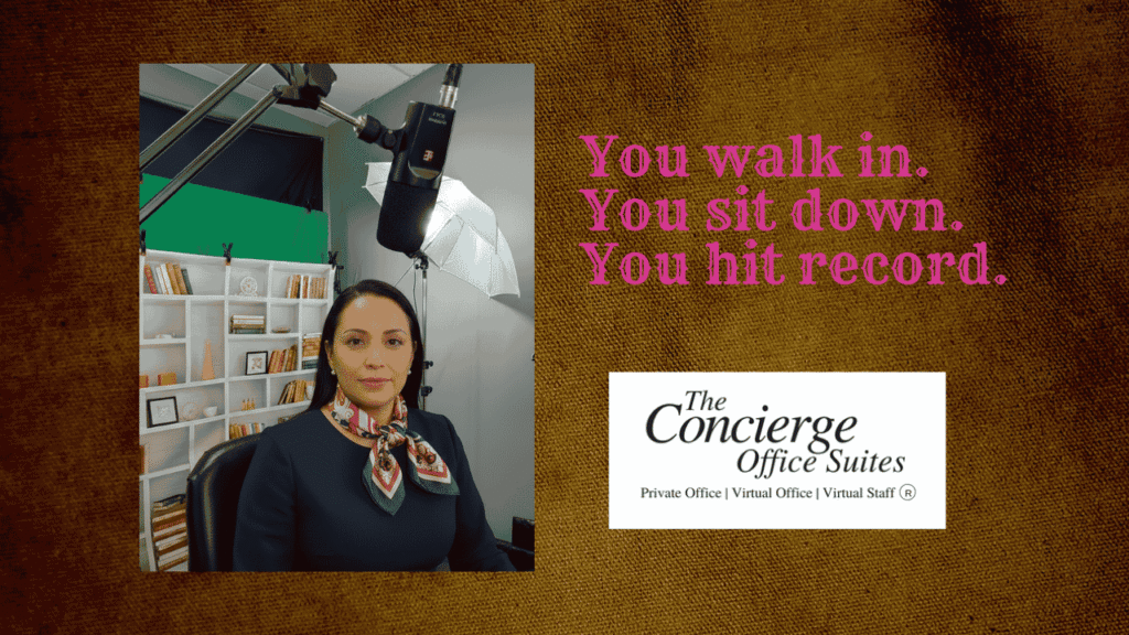 Woman ready to record in The Concierge Office Suites Vlogging Studio. You walk in. You sit down. You hit record.