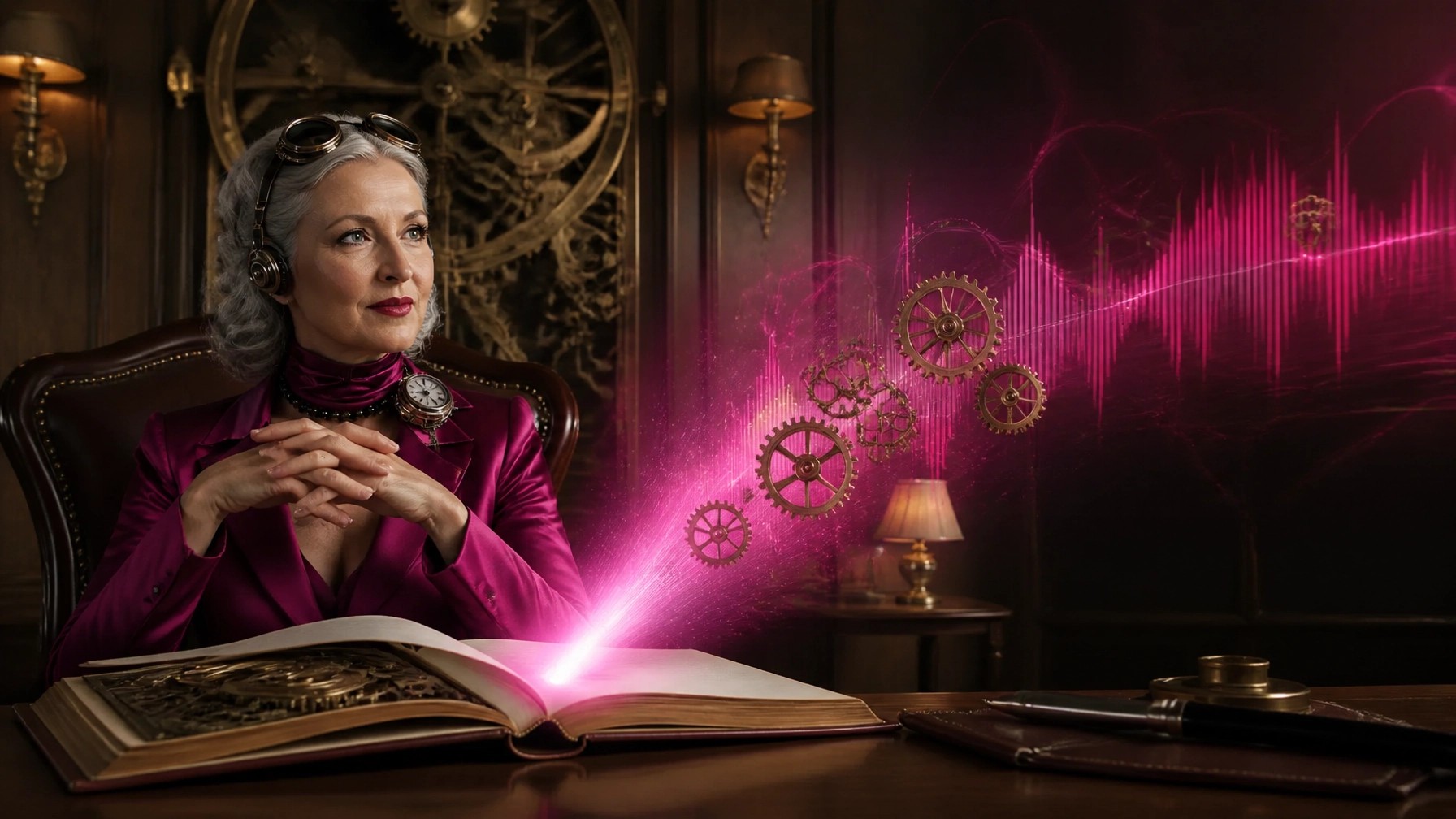 JAPOV E#3 S#6 Header Image - Denise Reed in her steampunk office creating AI magic